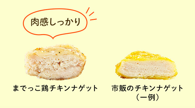 パルシステムのまでっこ鶏チキンナゲットと市販のチキンナゲットの厚さの差のイメージ
